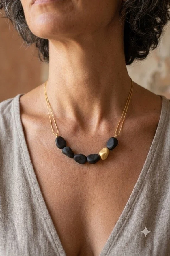 Collar corto de porcelana negra, oro y plata BRUNA nº1