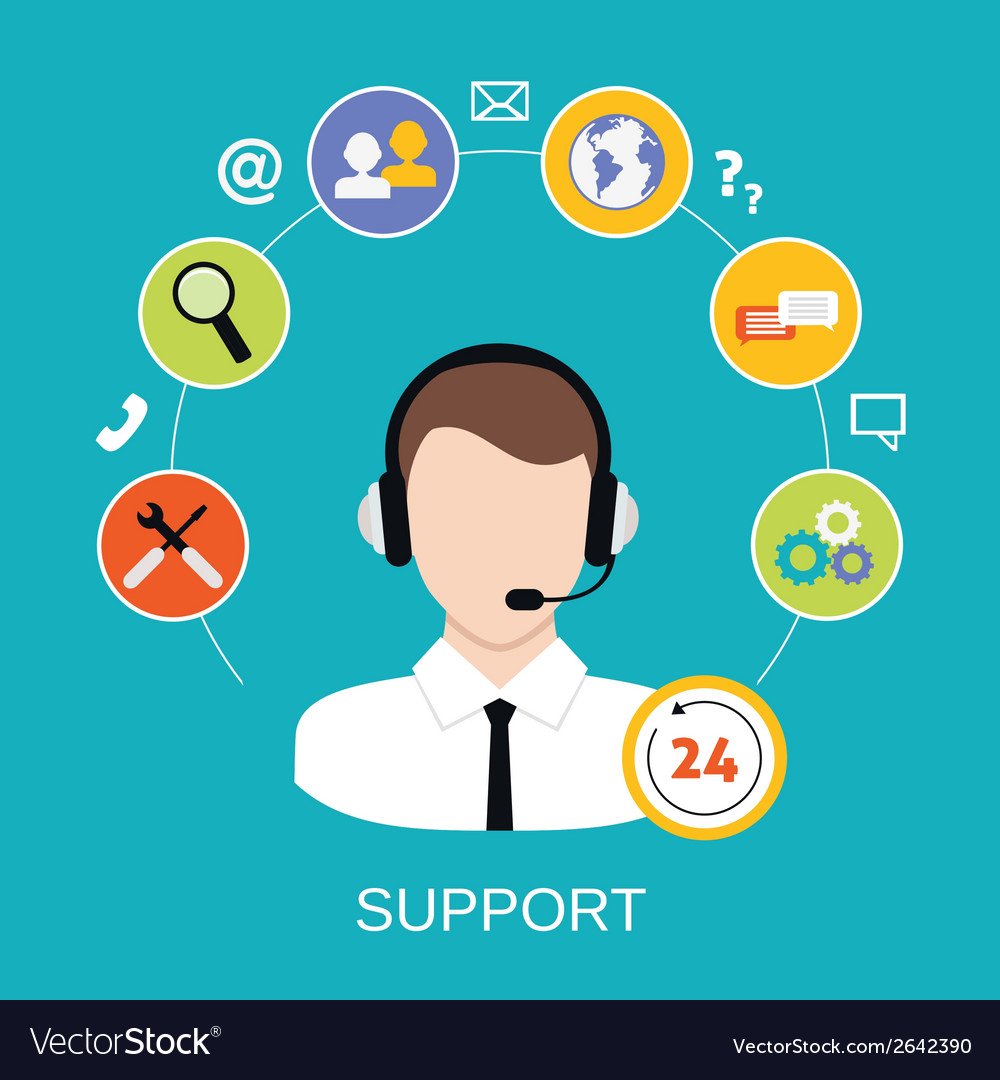 An illustration of a customer support agent wearing a headset, surrounded by icons representing communication, tools, and support services, with the word 'SUPPORT' and a 24-hour clock. Colors include teal, yellow, green, blue, orange, and purple.
