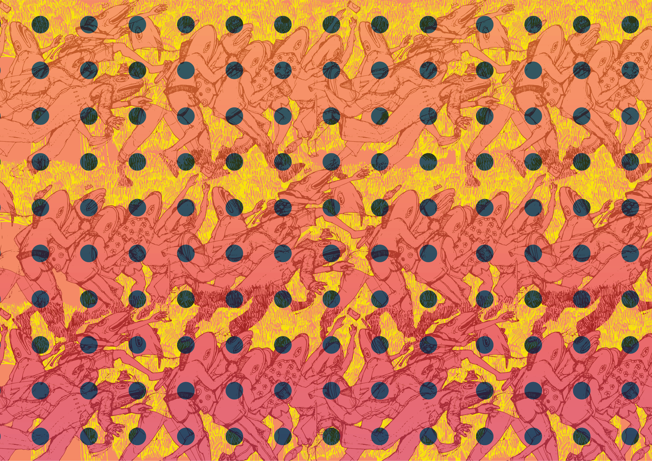 Open laptop surrounded by black and white presentation slides on a white surface.