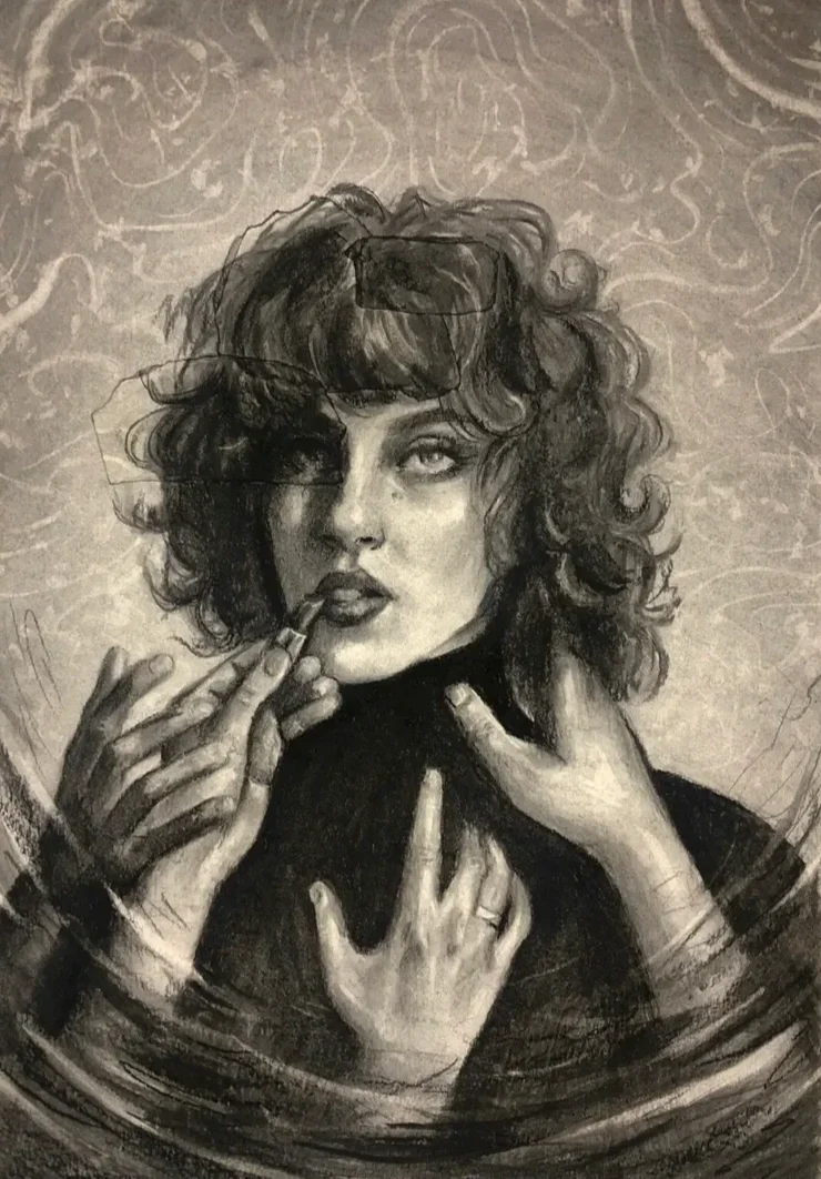 A pencil drawing of multiple faces overlapping, some upright and others upside down, with intricate shading and fine detail.