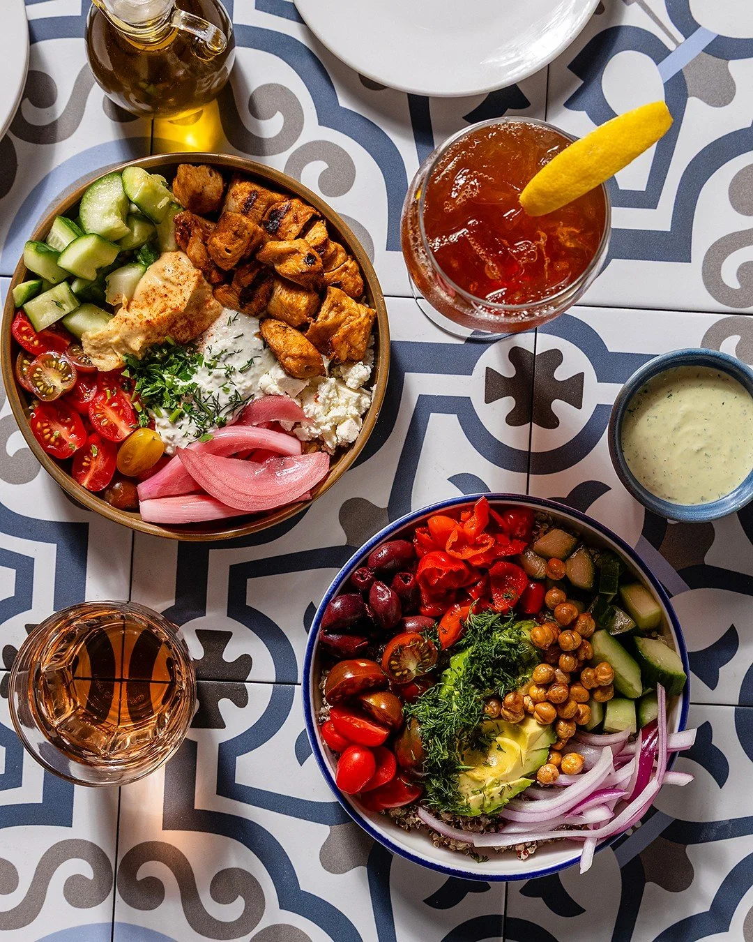 Two new bowls on the lunch menu, and picking one is the hard part.

Quinoa Bowl. Avocado, artichokes, cherry tomatoes, cucumber, kalamata, and crispy chickpeas, all brought together with a herbed yogurt dressing of parsley, dill, lemon, and garlic. F