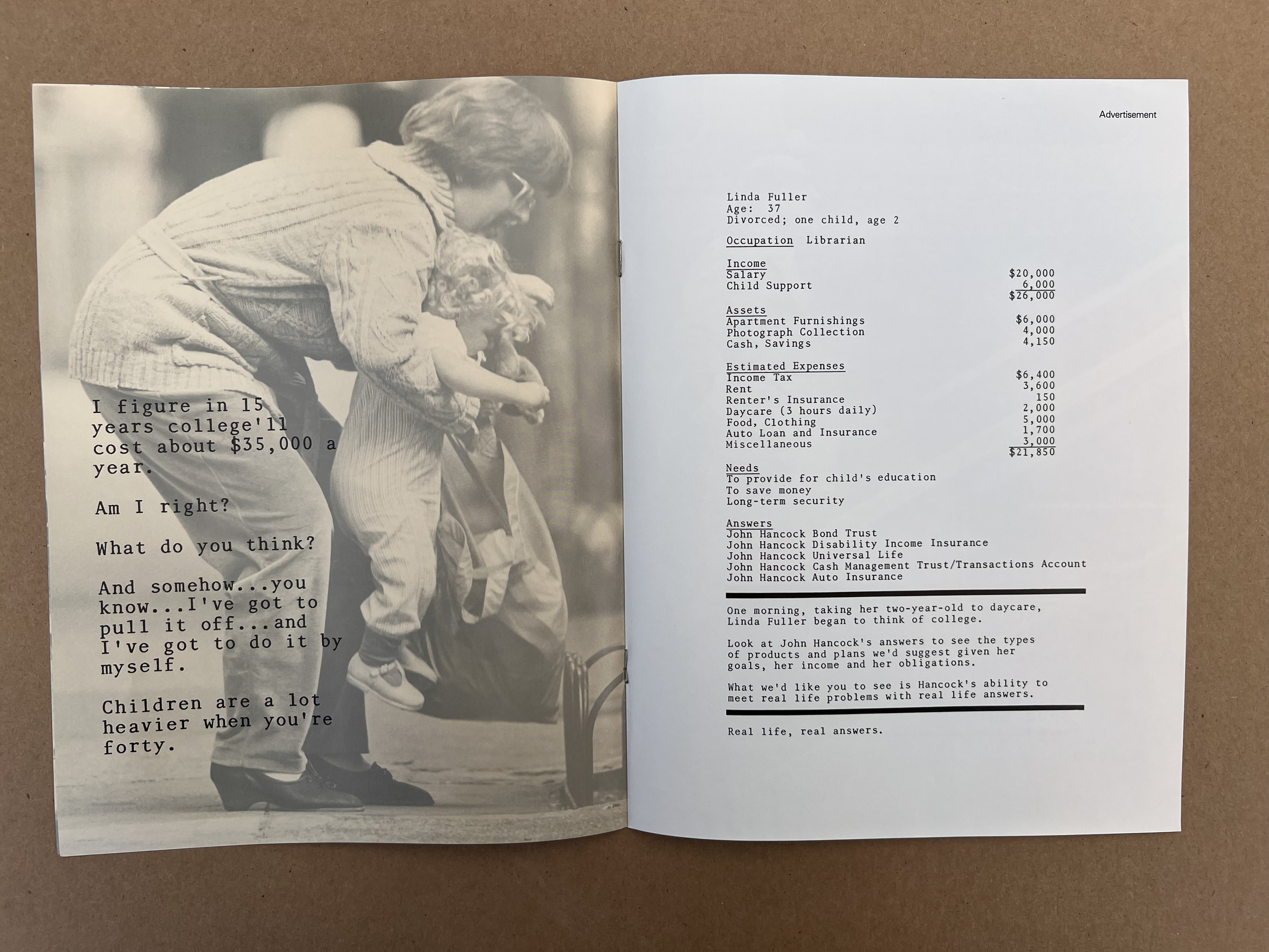 This John Hancock Linda Fuller ad launched on television, in an 8-page magazine insert, and as a newspaper double-page spread.