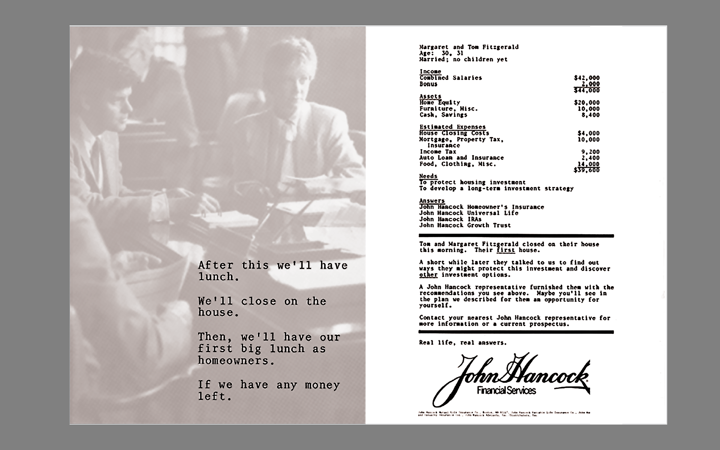 This John Hancock Margaret and Tom Fitzgerald ad was launched the same day as the Television launch as a double page in national newspapers.