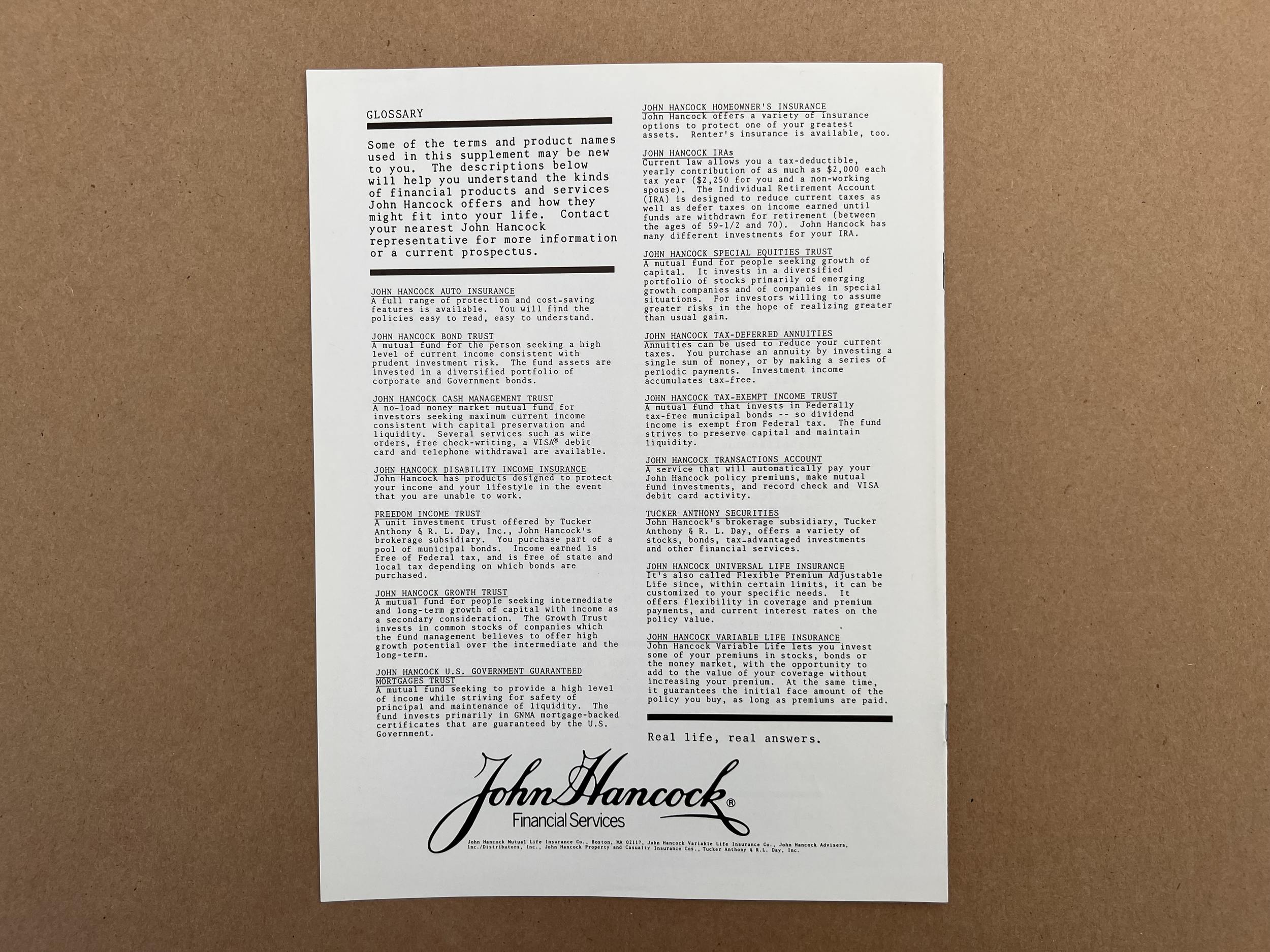 This John Hancock 8-page magazine insert ended with a financial service glossary. It was important to each individual's who frankly did not even know what questions to ask or services available.