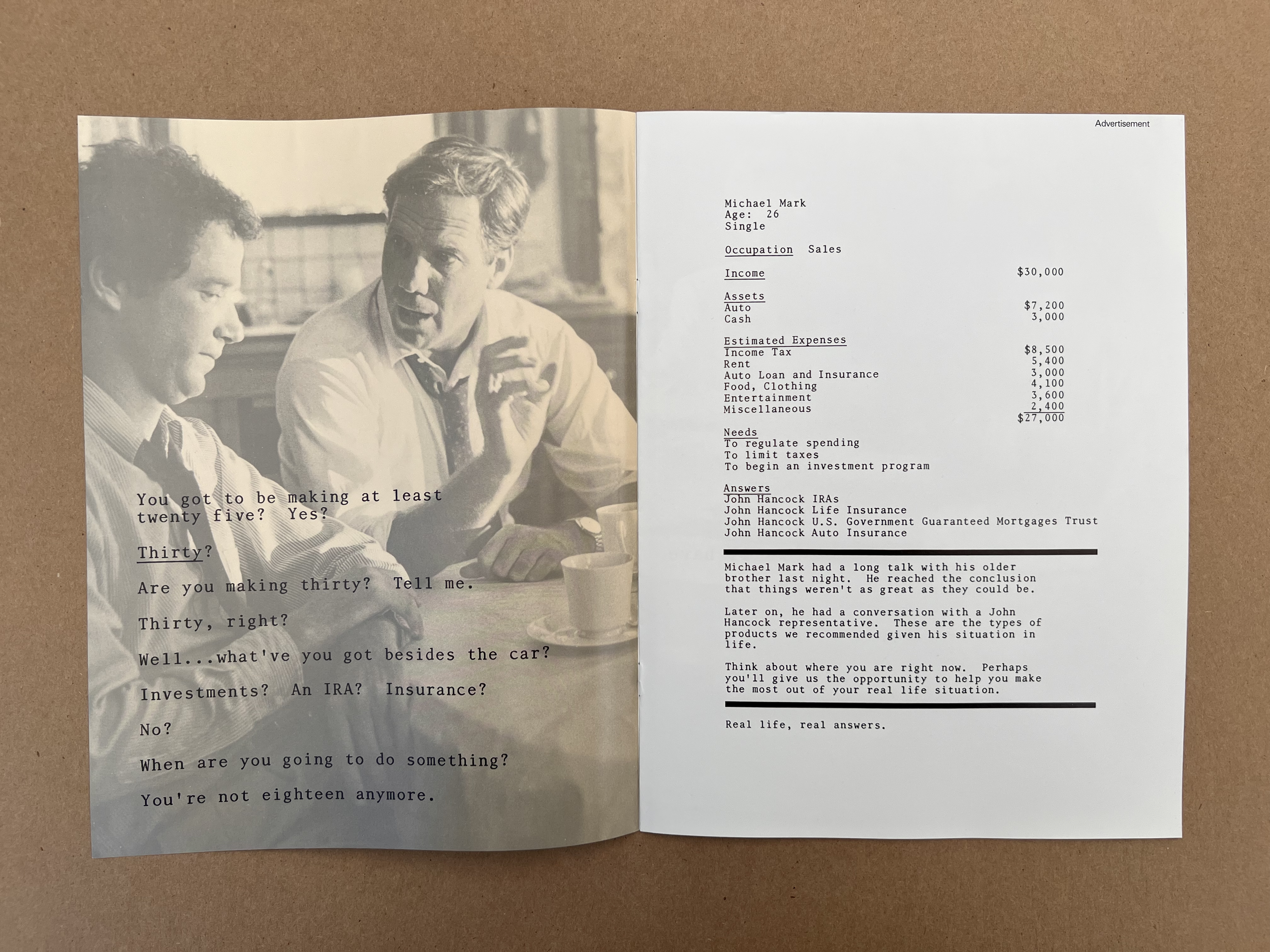 This John Hancock Greg Clow ad launched on television, in an 8-page magazine insert, and as a newspaper double-page spread.