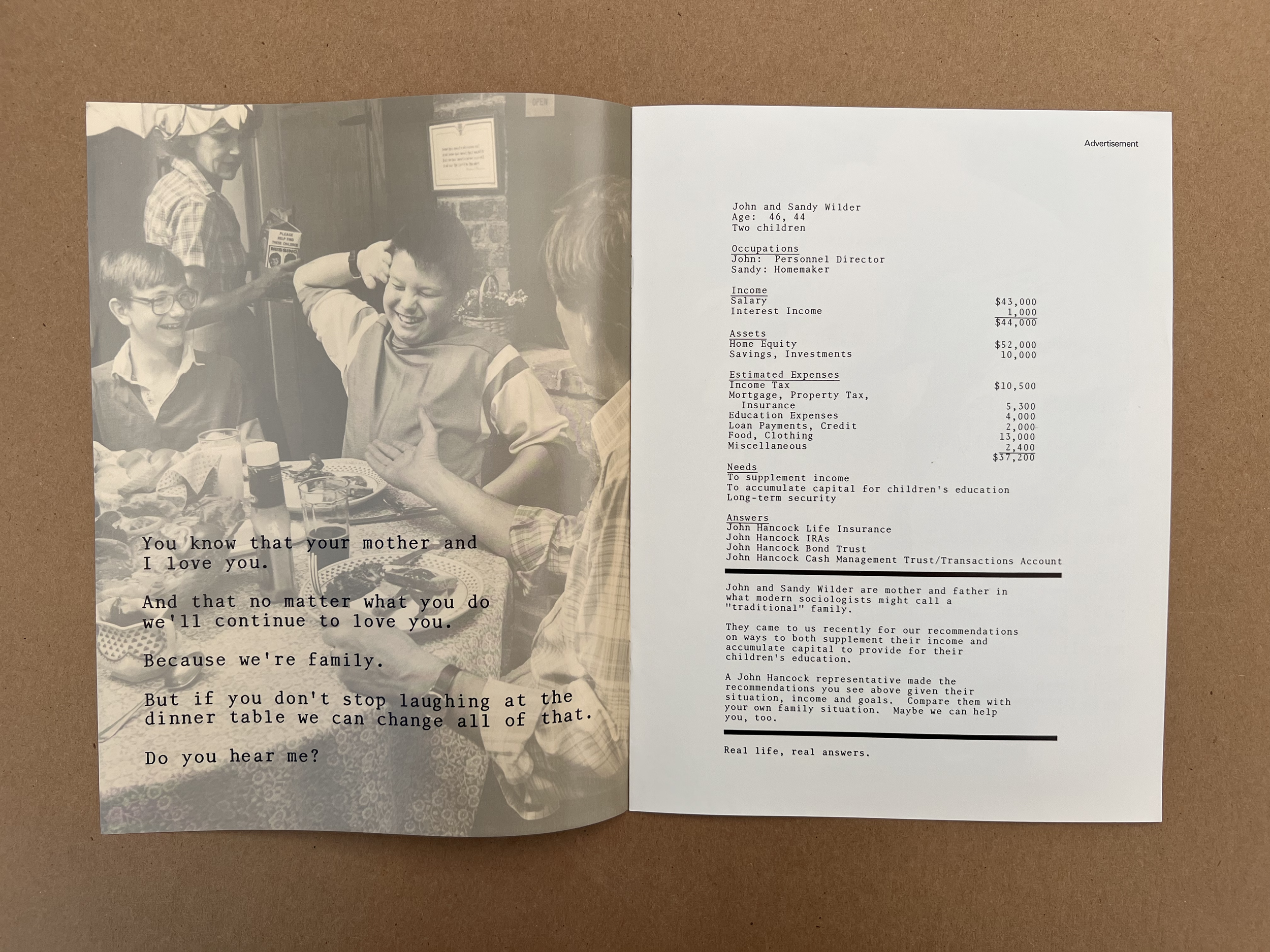 This John Hancock John and Sandy Wilder ad launched on television, in an 8-page magazine insert, and as a newspaper double-page spread.