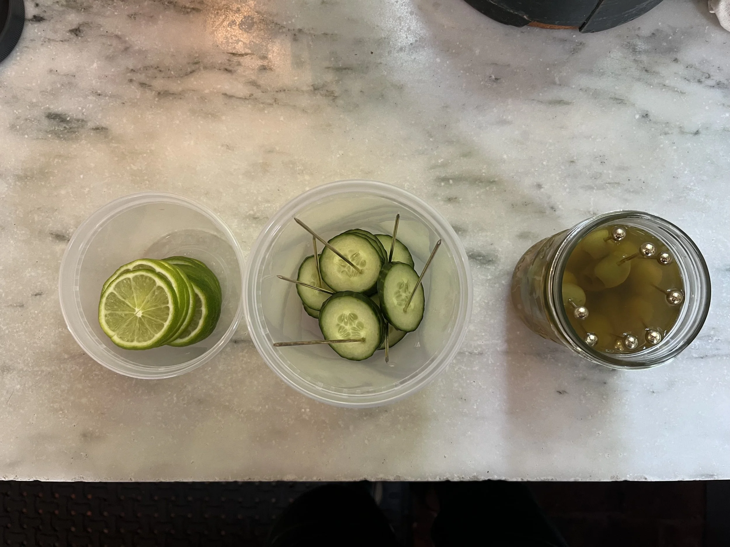 Fresh garnishes prepped and kept in fridge / Update: no longer pre-skewer olives