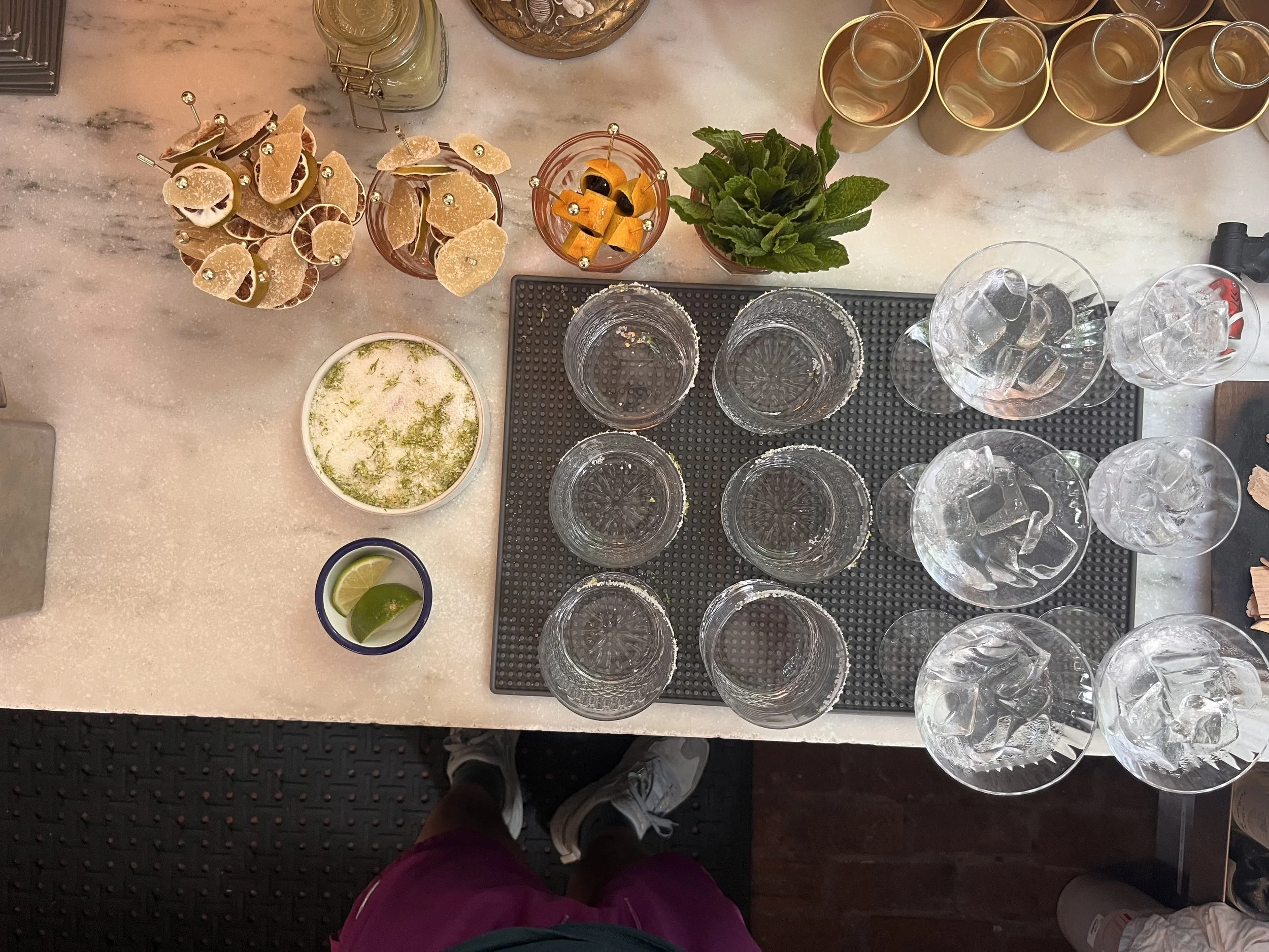 Garnishes in cups, Marg glasses salted, coupes and N&N's filled with ice