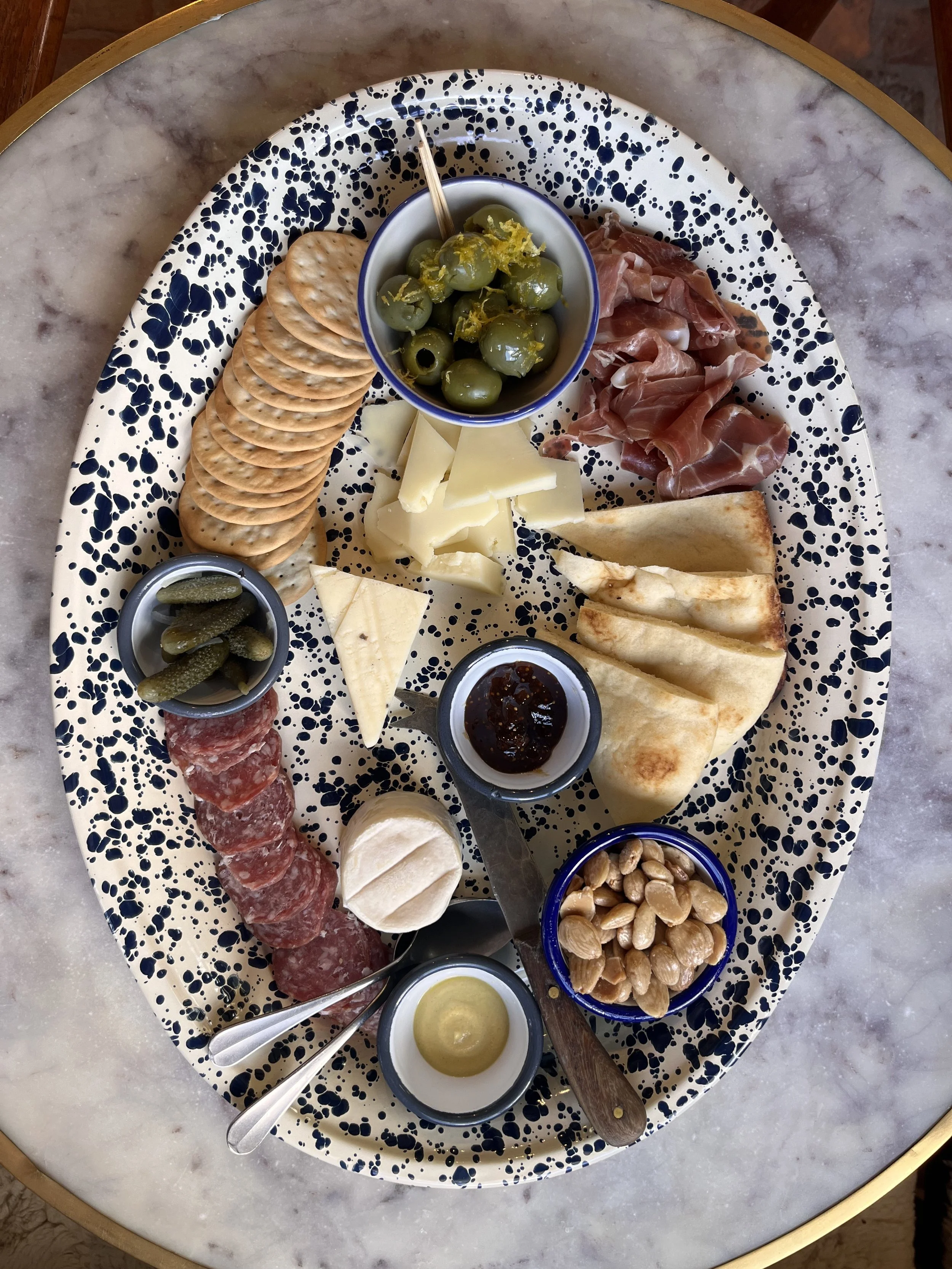 AC Full Board: all meats, cheeses, mustard, jam, cornichons, olives, almonds, crackers & pita