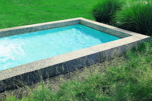 A long, narrow plunge pool in a suburban Chicago backyard.