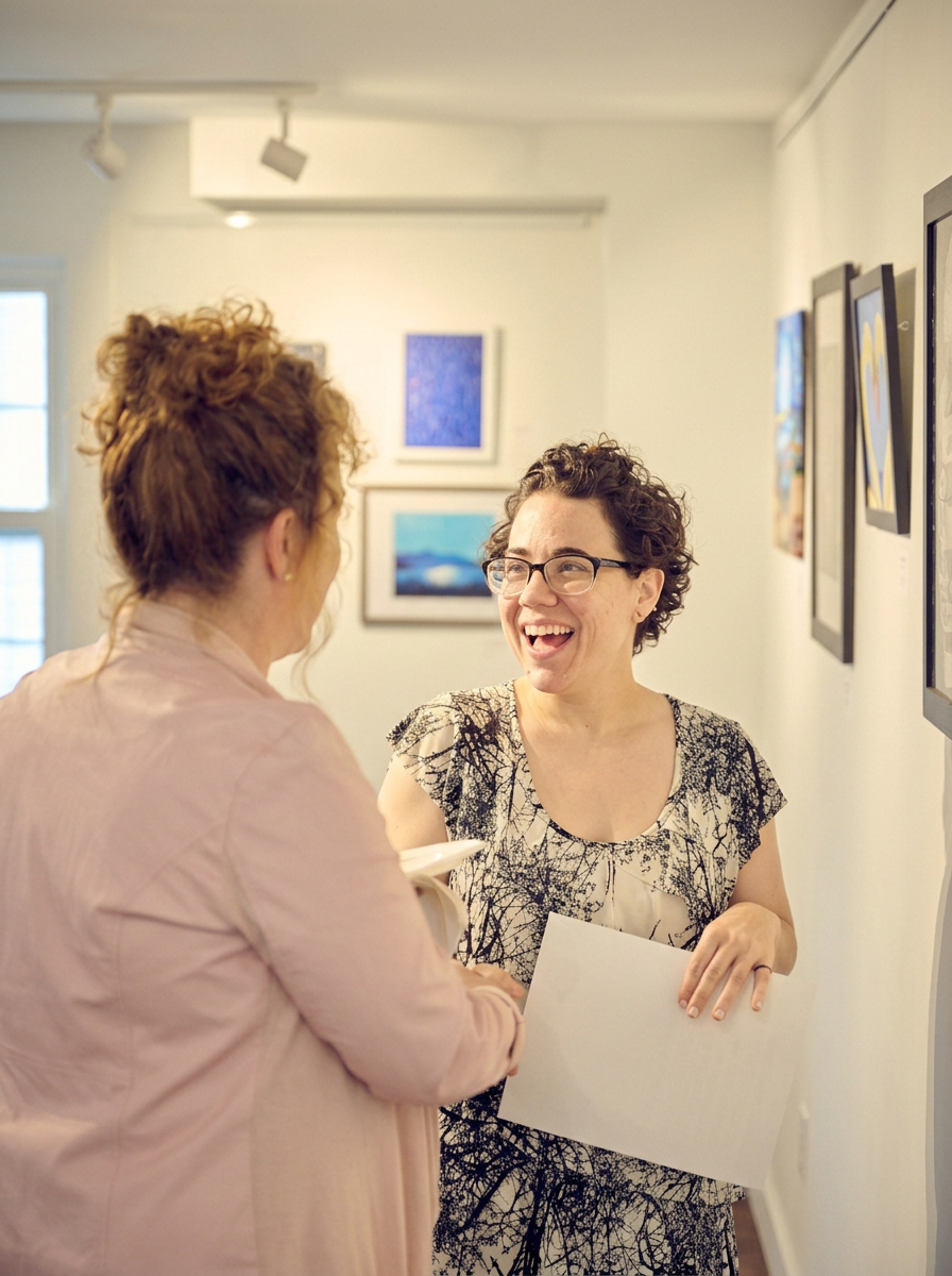 Two women engaging in conversation at an art gallery, one holding a folder or sheet of paper, with framed artwork displayed on the wall behind them.