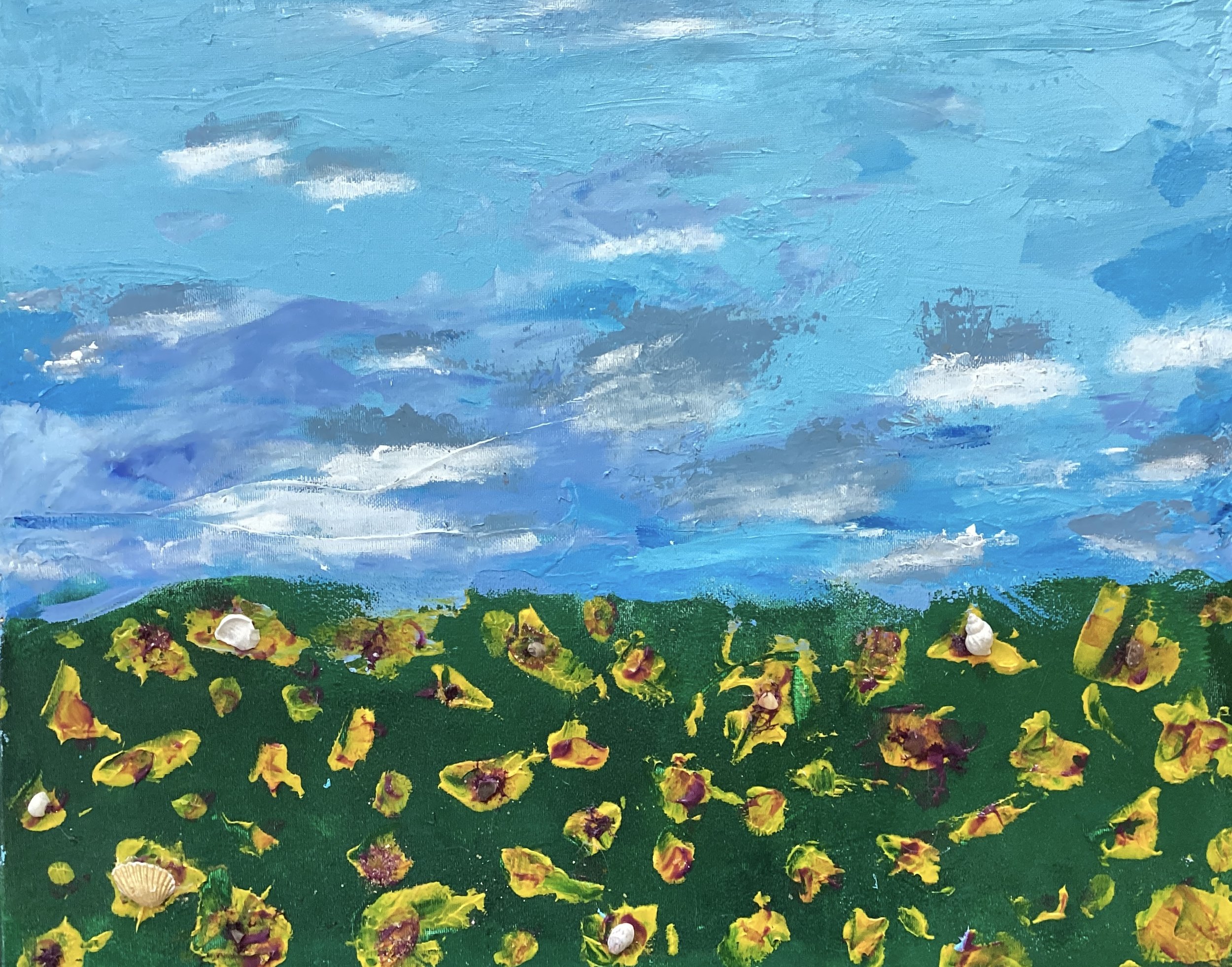 Untitled, 16 x 20 
mixed media, paint, shells, dried moss, glitter, and paint.