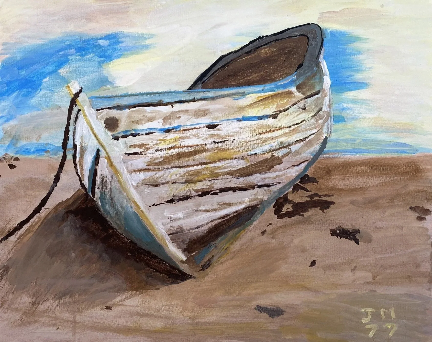 A painting of an old boat on a sandy beach with blue sky and clouds in the background.