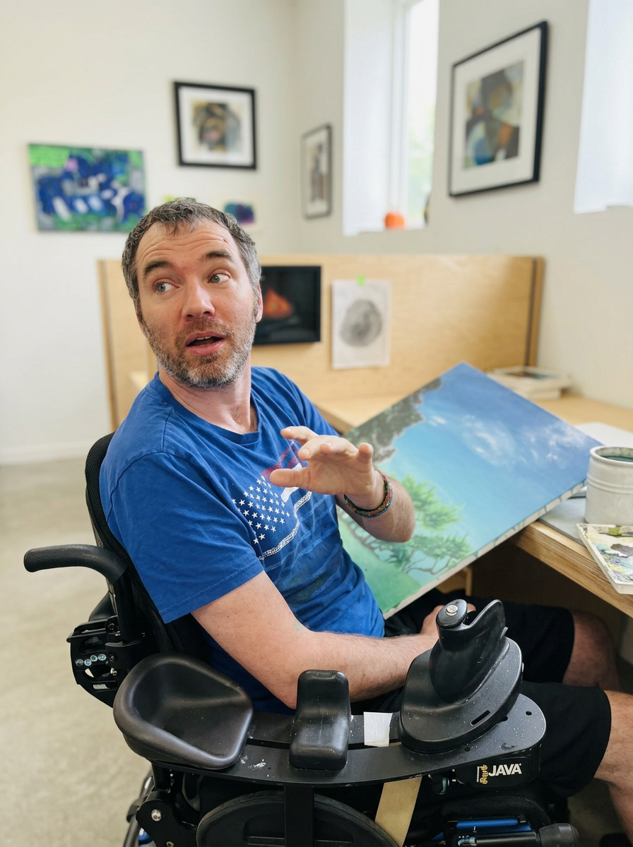 A man in a blue t-shirt sitting in a motorized wheelchair in an art studio, looking to the side, with paintings and art supplies around him.