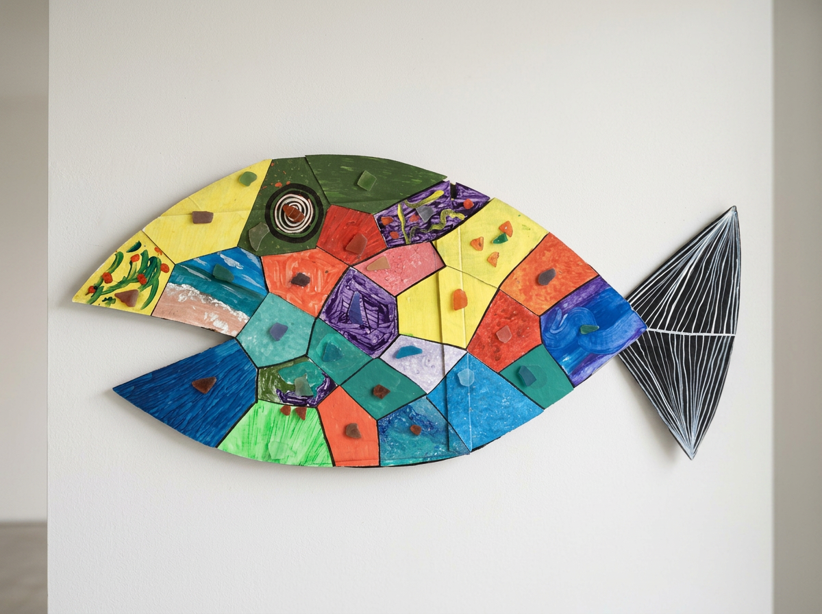 Colorful, geometric fish-shaped art piece on a white wall with various painted segments and attached small stones.