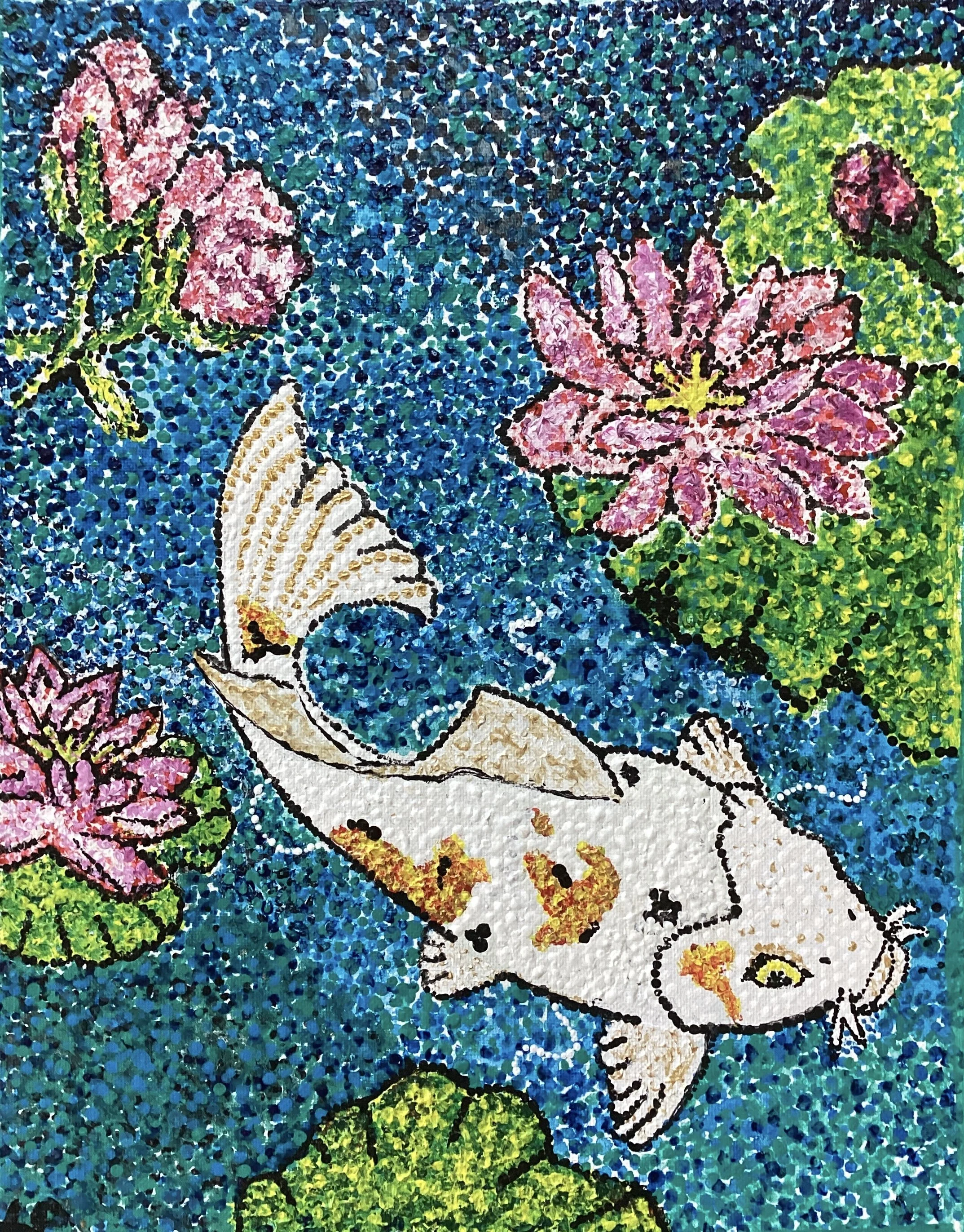 Colorful illustration of an underwater scene with a turtle, a yellow and blue fish, various corals, sea plants, and other small fish.