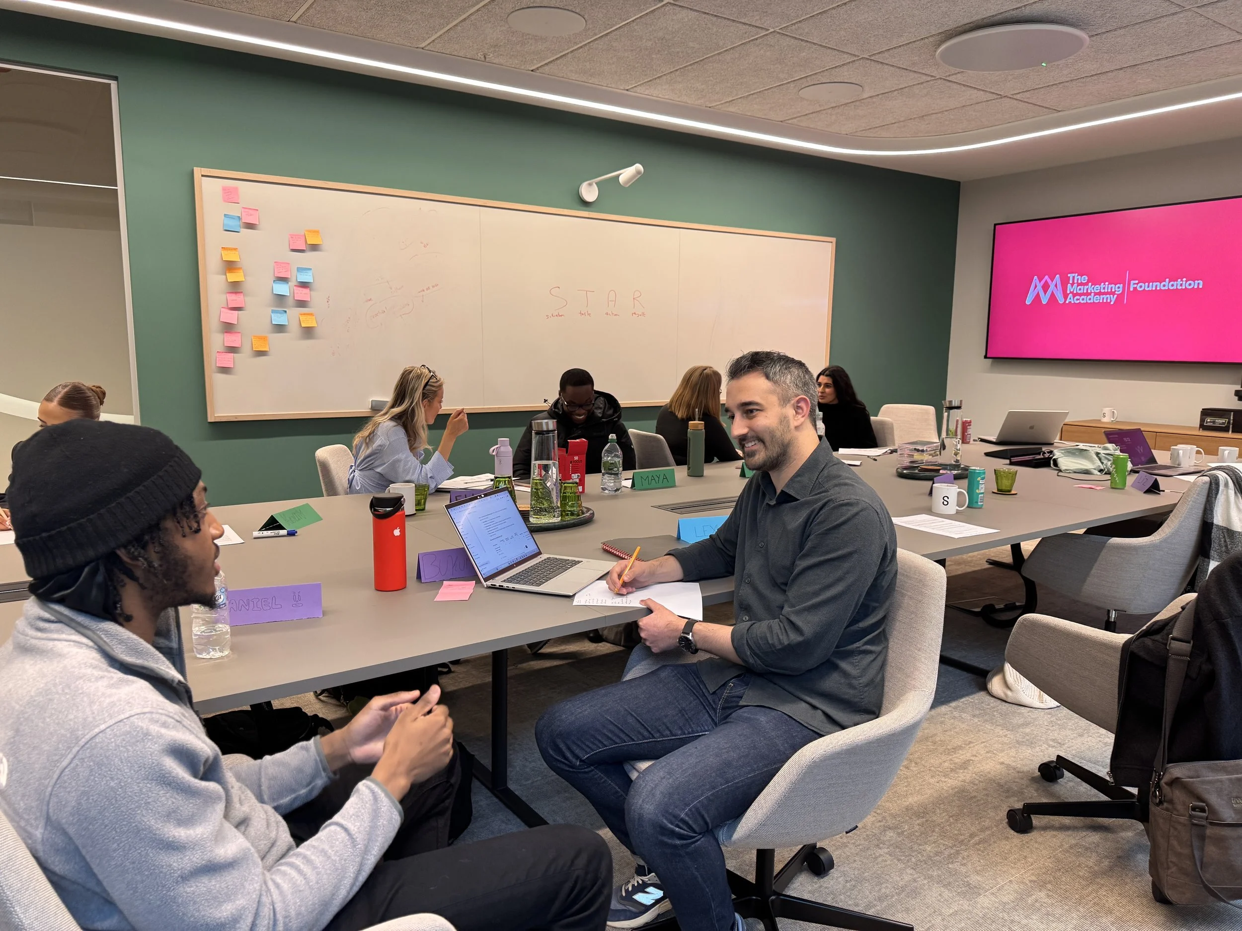 People in a meeting room sitting around a table, engaging in discussion, with a whiteboard with colorful sticky notes and a large pink screen displaying 'The Marketing Foundation' in the background.