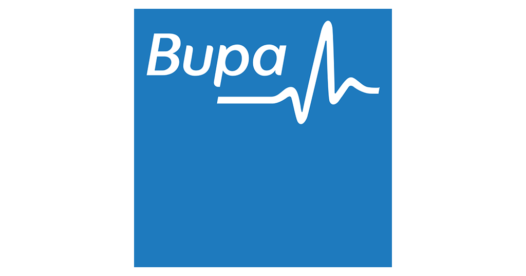 Bupa logo with blue background, white text, and a stylized heartbeat line.
