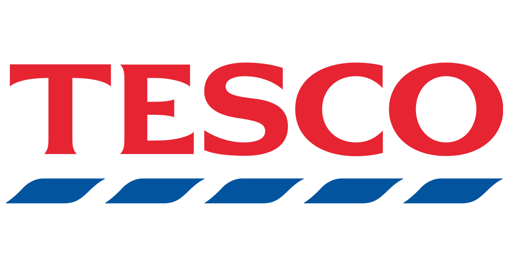 Tesco supermarket logo with red text and blue stripes beneath