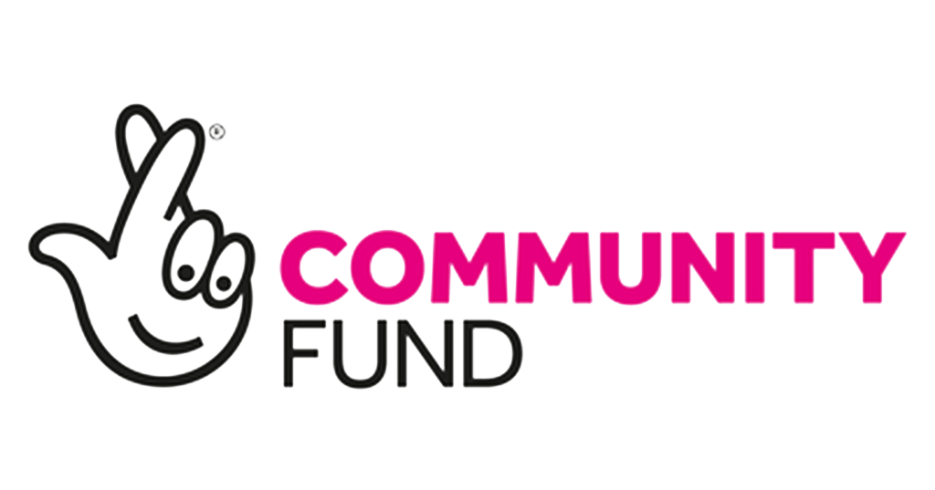 Logo of Community Fund featuring a stylized cartoon hand making a finger cross symbol and the words 'Community Fund' with 'Community' in pink and 'Fund' in black.
