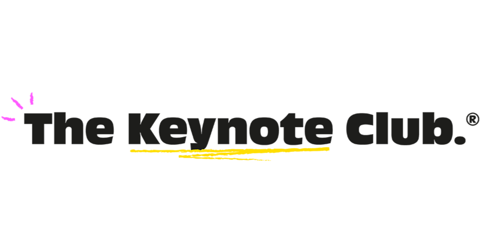 Logo for The Keynote Club with black text, pink marks on the left, and a yellow underline under part of the text.