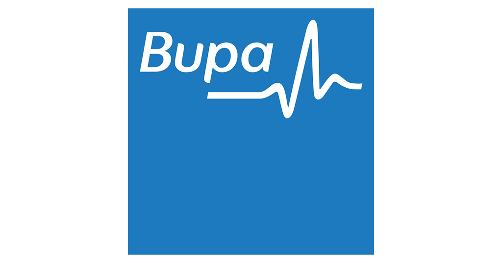Bupa logo with blue background, white text, and an electrocardiogram line integrated into the design.