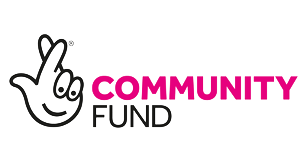 Logo with a cartoon hand crossing its fingers next to the words COMMUNITY FUND, with COMMUNITY in pink and FUND in black.