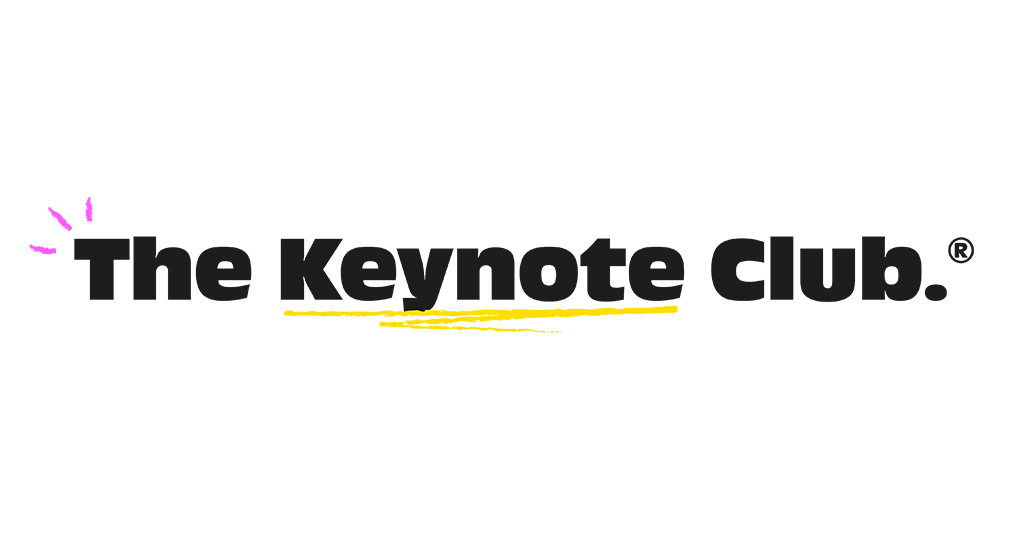 Logo for The Keynote Club in bold black text with yellow underline and pink decorative marks.
