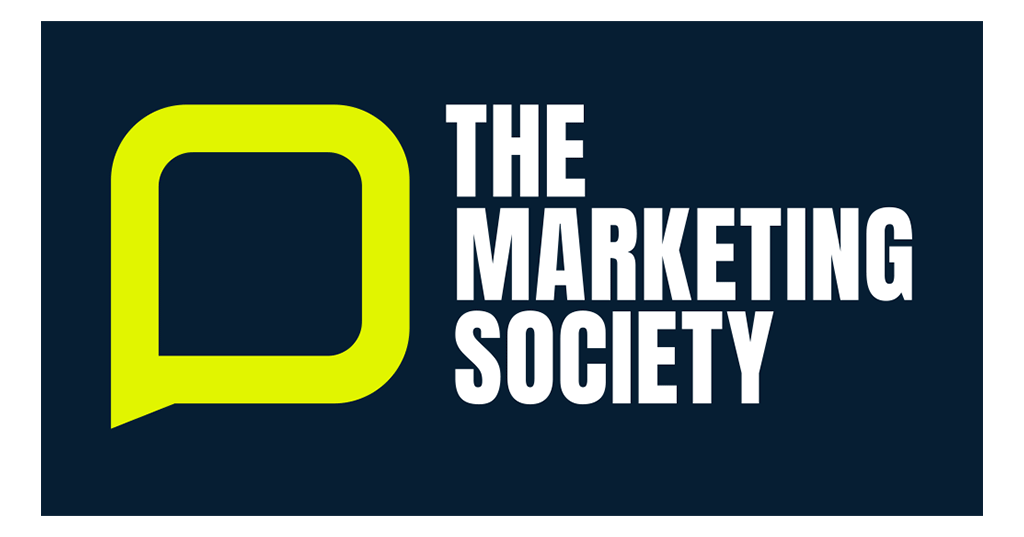 Logo of The Marketing Society with a lime green speech bubble icon and white text on a dark blue background.