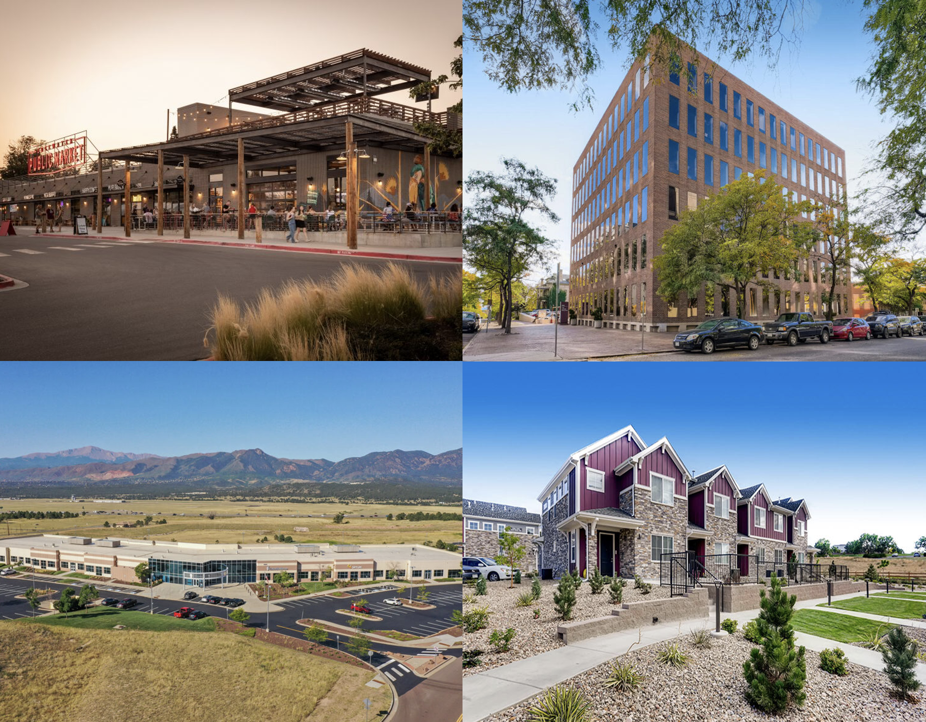 A collage of four images: the top left features a modern outdoor dining area at sunset; the top right shows a multi-story brick office building with trees in the foreground; the bottom left displays a large retail shopping mall with mountains in the background; the bottom right depicts a modern residential apartment complex with stone and siding exterior in a landscaped area.
