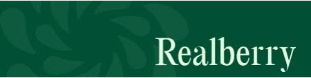 A green banner with the word 'Realberry' written in white, accompanied by a leaf pattern in the background.