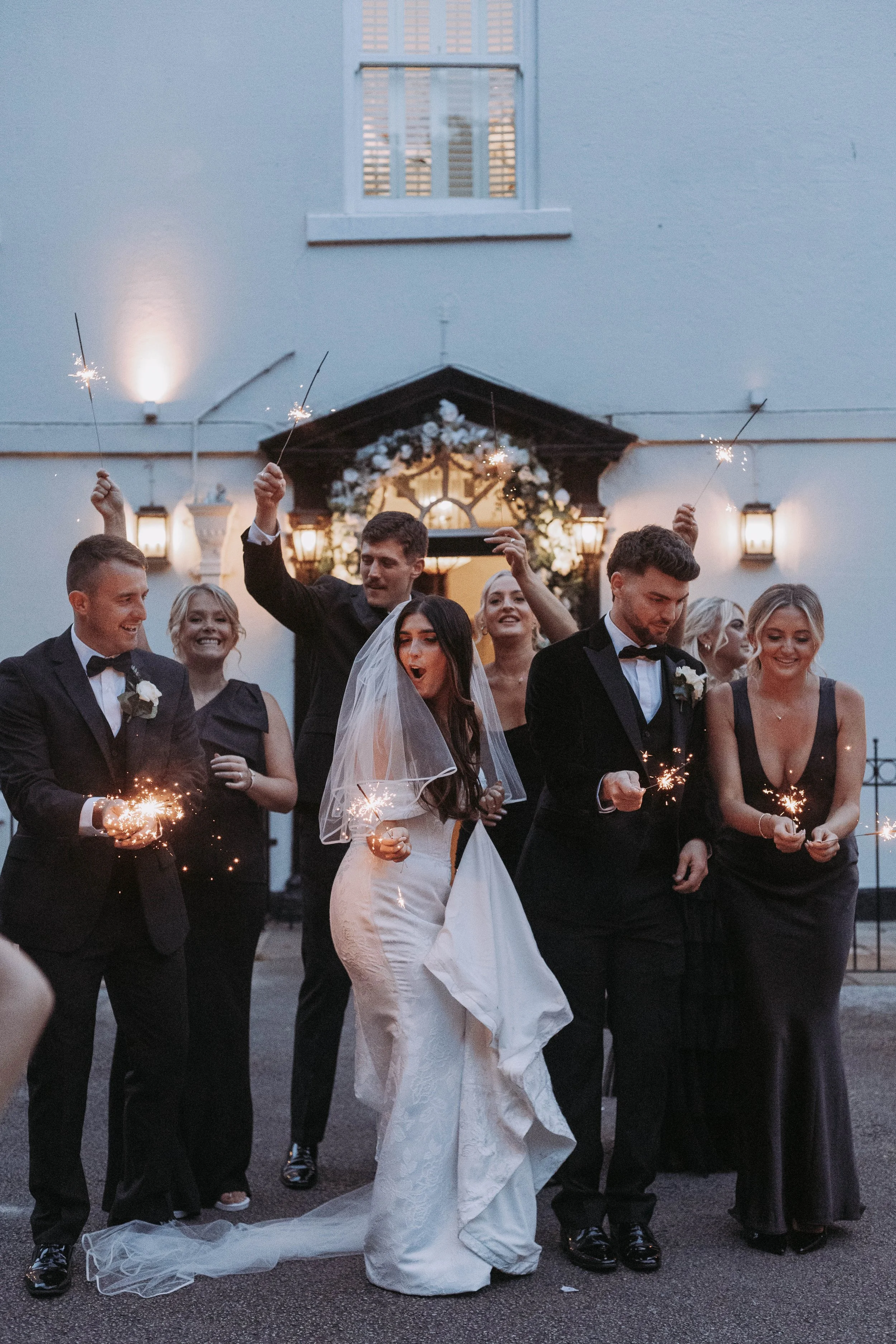 Sparklers with bridal party at Sparth House wedding venue Lancashire