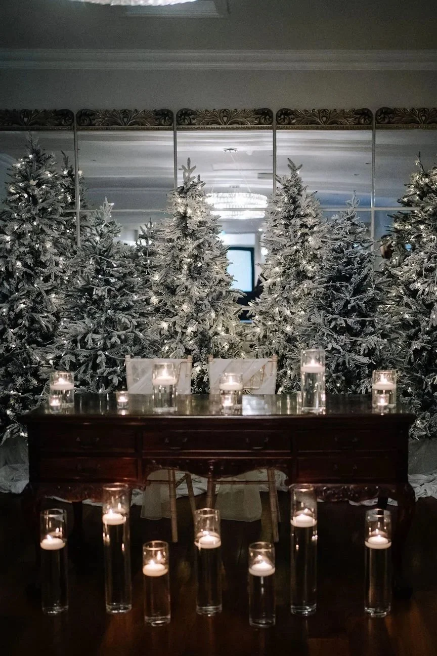 Winter wedding ceremony with Christmas trees at Sparth House wedding venue Lancashire