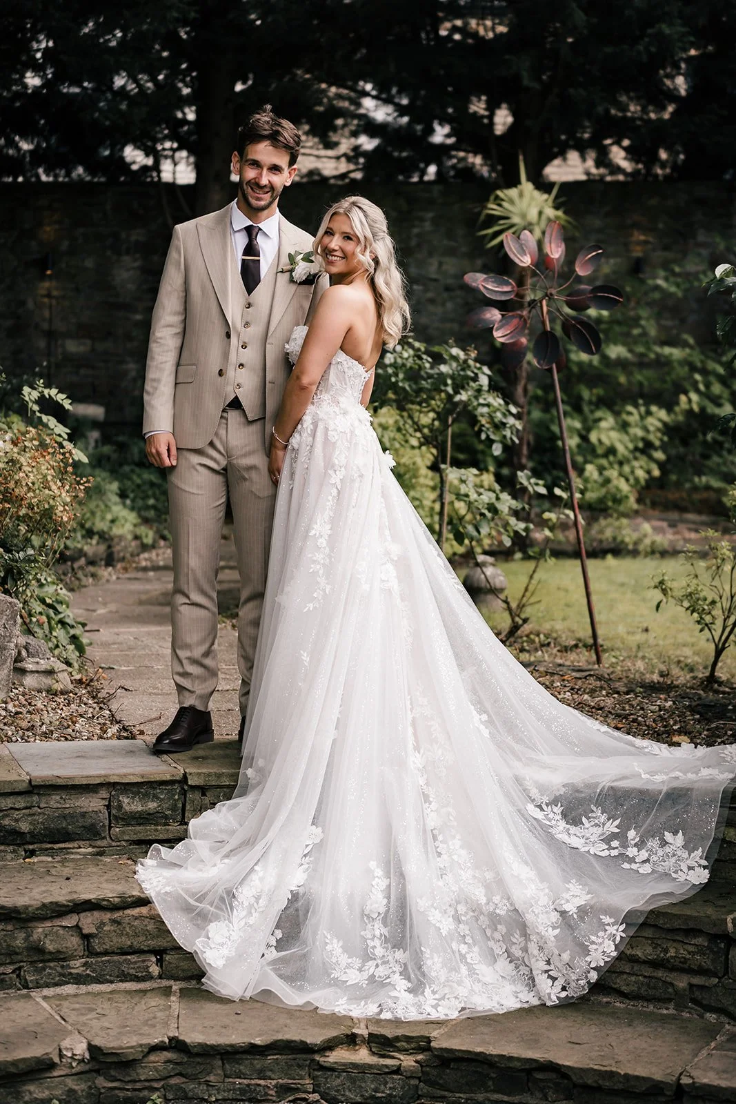 Bride and groom portrait in gardens at Sparth House wedding venue Lancashire