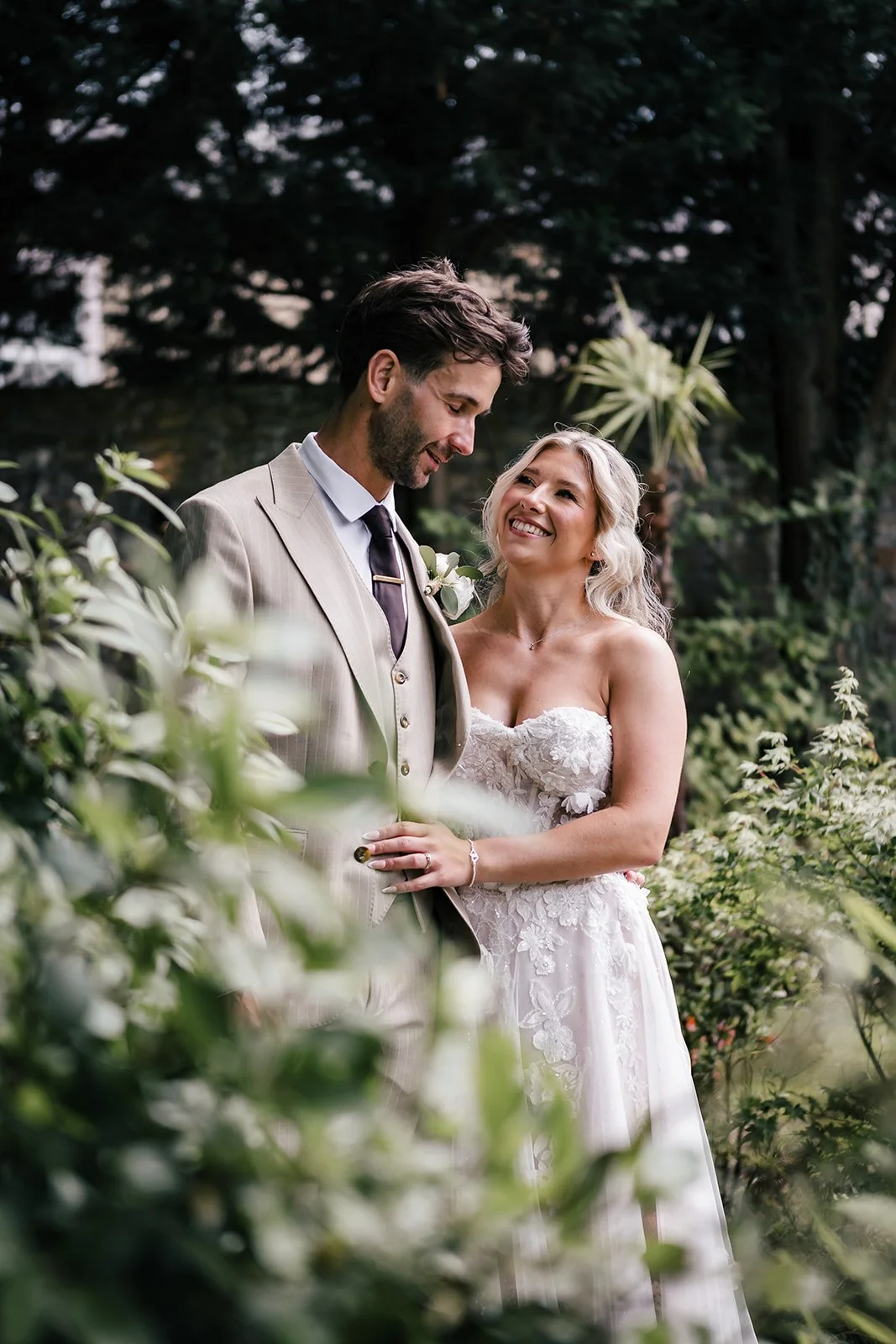 Bride and groom portrait in gardens at Sparth House wedding venue Lancashire