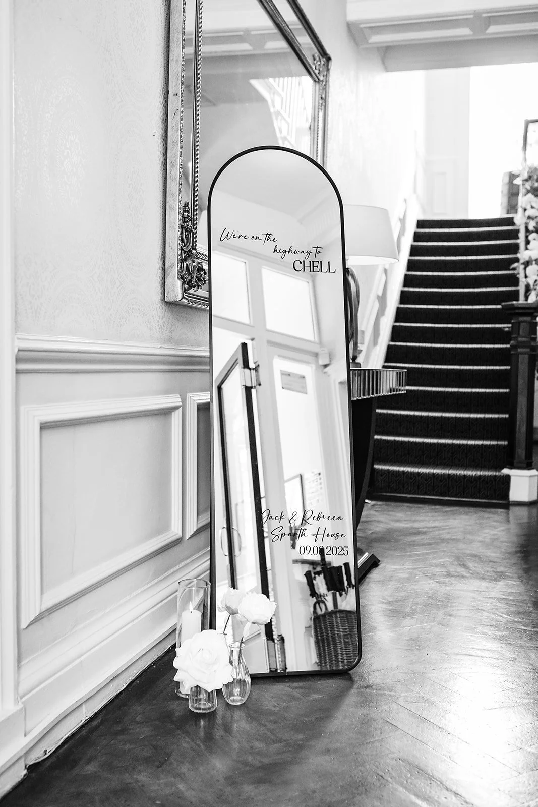 Wedding welcome sign mirror at Sparth House wedding venue Lancashire