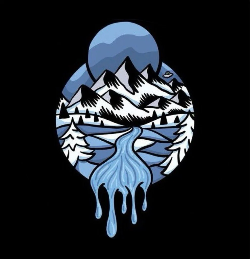 Illustration of mountains, trees, a river, a full moon, and a spaceship, with water dripping below, set inside a teardrop shape on a black background.