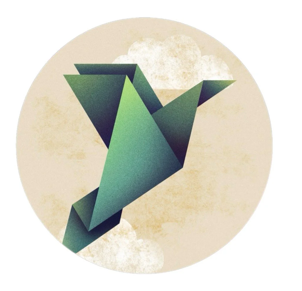 A stylized geometric illustration of a bird with green and dark green shades, set against a beige background with clouds and a moon.