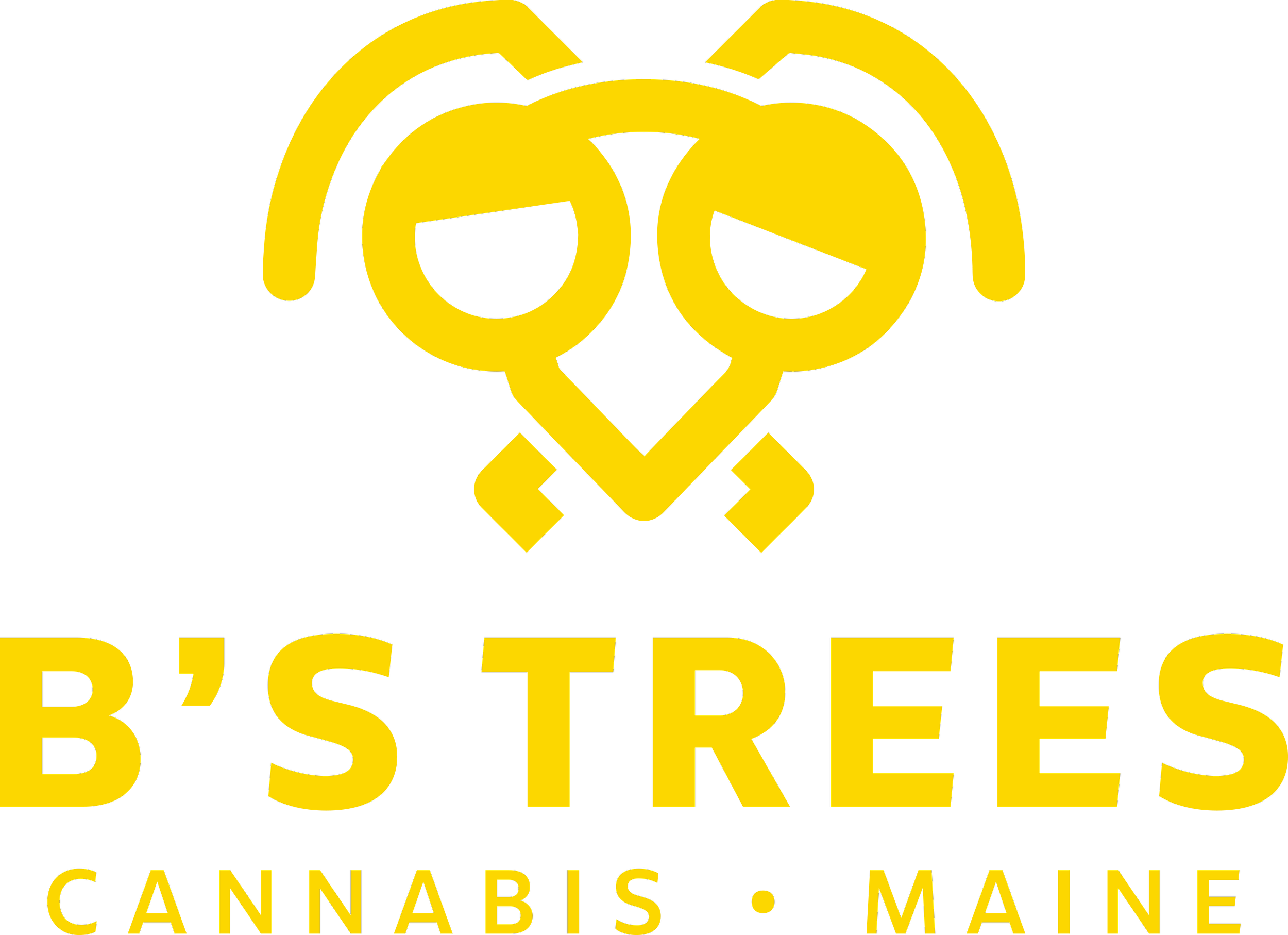 Logo of B's Trees, including a stylized image of a dog's face with two keys crossed underneath and the words "B'S TREES" and "CANNABIS MAINE" in yellow against a black background.