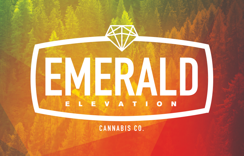 Logo for Emerald Elevation Cannabis Co. with a diamond icon above the text, over a background of colorful autumn forest trees.