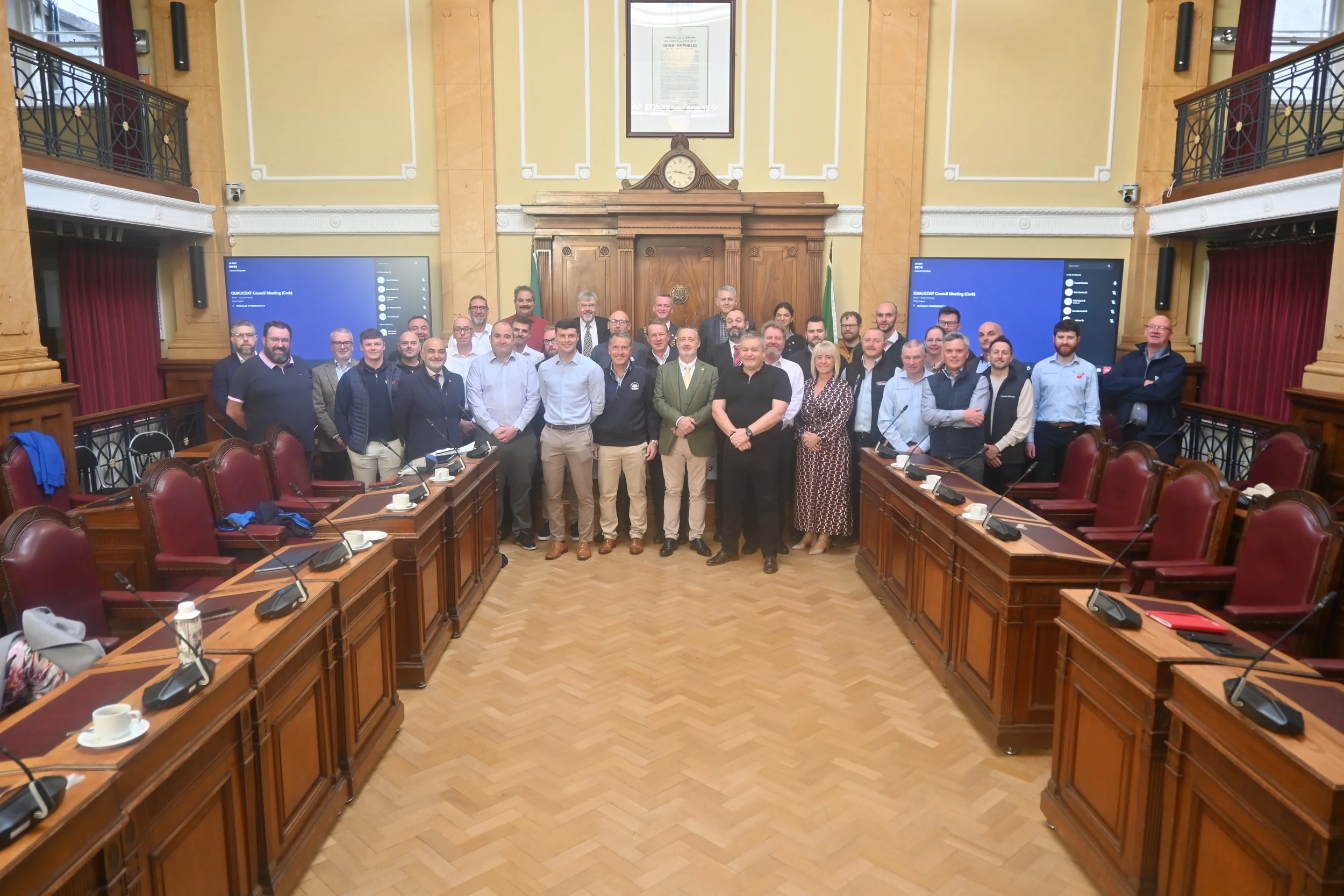 Members met for the second QUALICOAT UK & Ireland meeting of 2026 held in the Council Chamber of Cork’s City Hall.  Pictured in front of the Lord Mayor's seat.