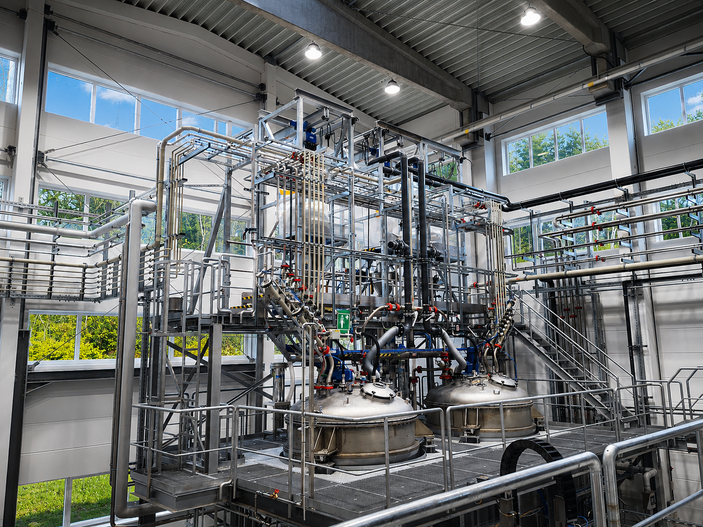 Industrial chemical processing machinery and stainless steel mixing tanks inside the NABU surface technology manufacturing facility.