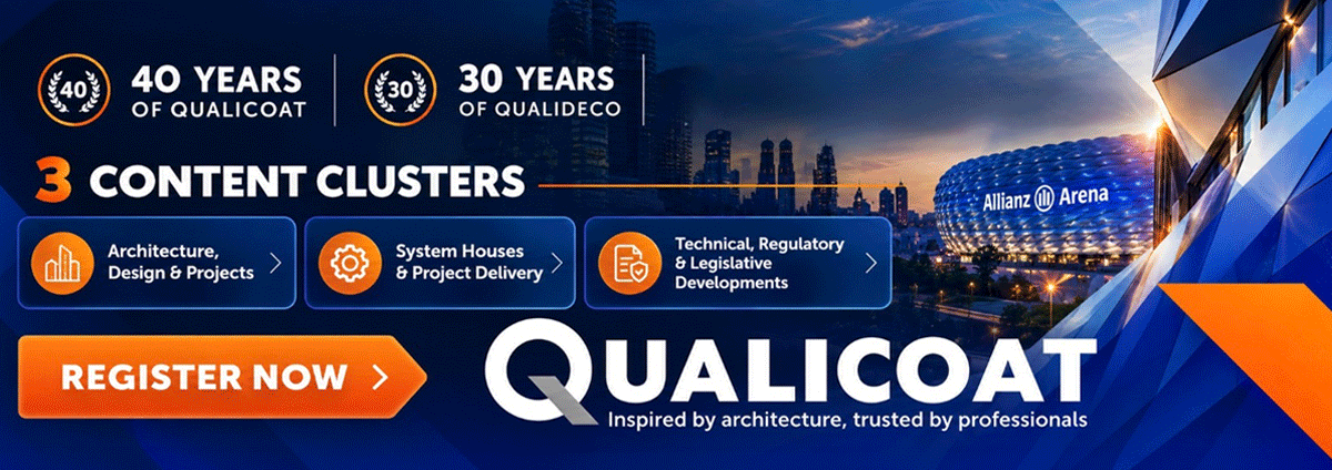 QUALICOAT banner celebrating 40 Years of QUALICOAT and 30 Years of QUALIDECO. With Register Now button.