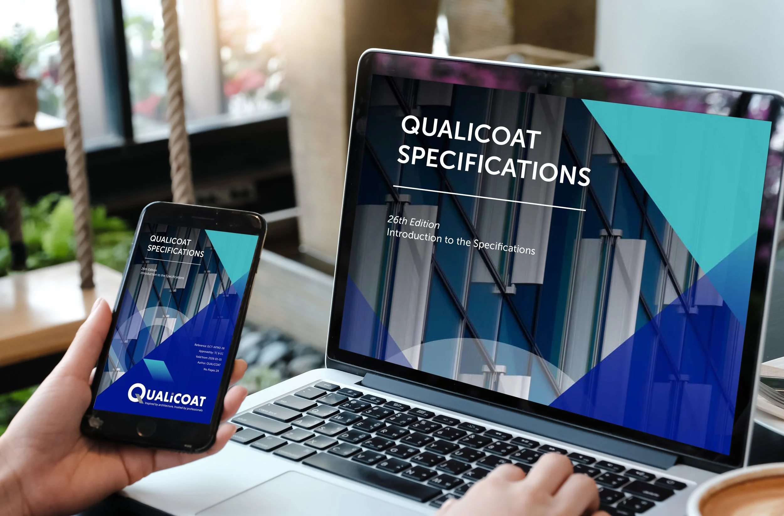 PR image for the QUALICOAT Specifications 26th Edition.  Image shows a human hand typing on a laptop keyboard and holding a smart phone in their left hand.  On both screens is the front cover of the QUALICOAT Specifications 26th Edition Summary