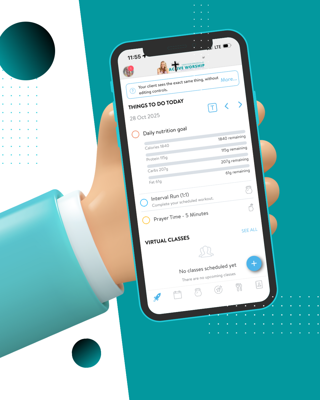 Smartphone displaying a daily wellness app with tasks for nutrition, workout, prayer, and virtual classes, held in a hand against a background with teal and white sections.