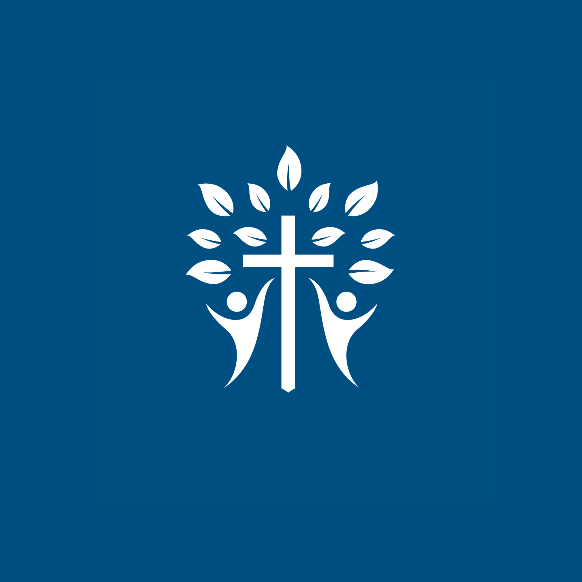A blue background with a white Christian cross and two stylized human figures with arms raised, surrounded by a wreath of leaves.