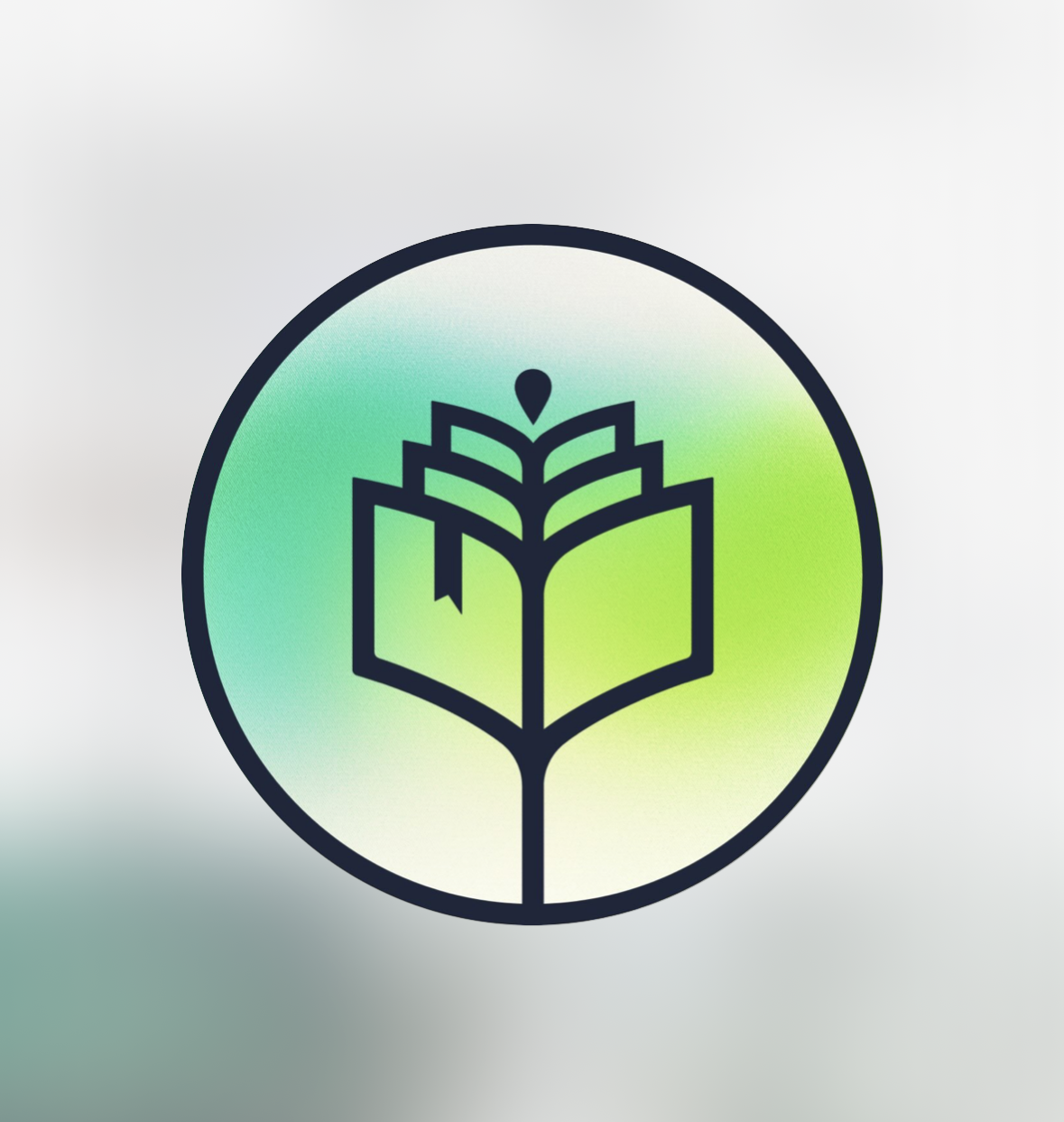 Green circular logo with a white open book and plant design.