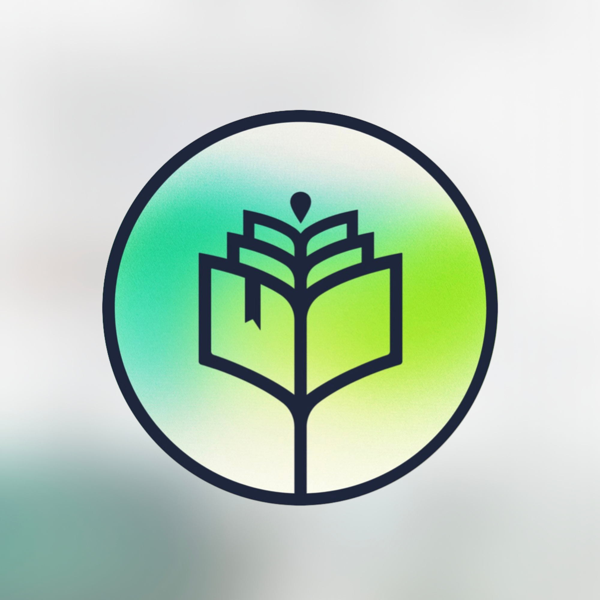 A white open book icon with a tree growing from it, on a green circular background.