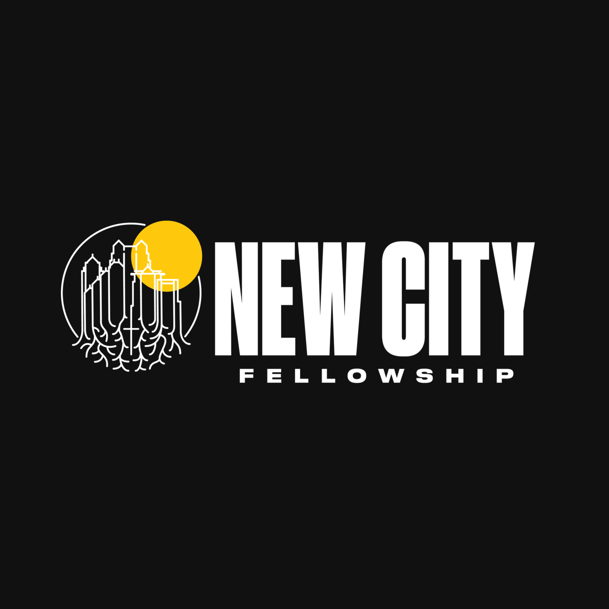 Yellow circle with white building outlines design