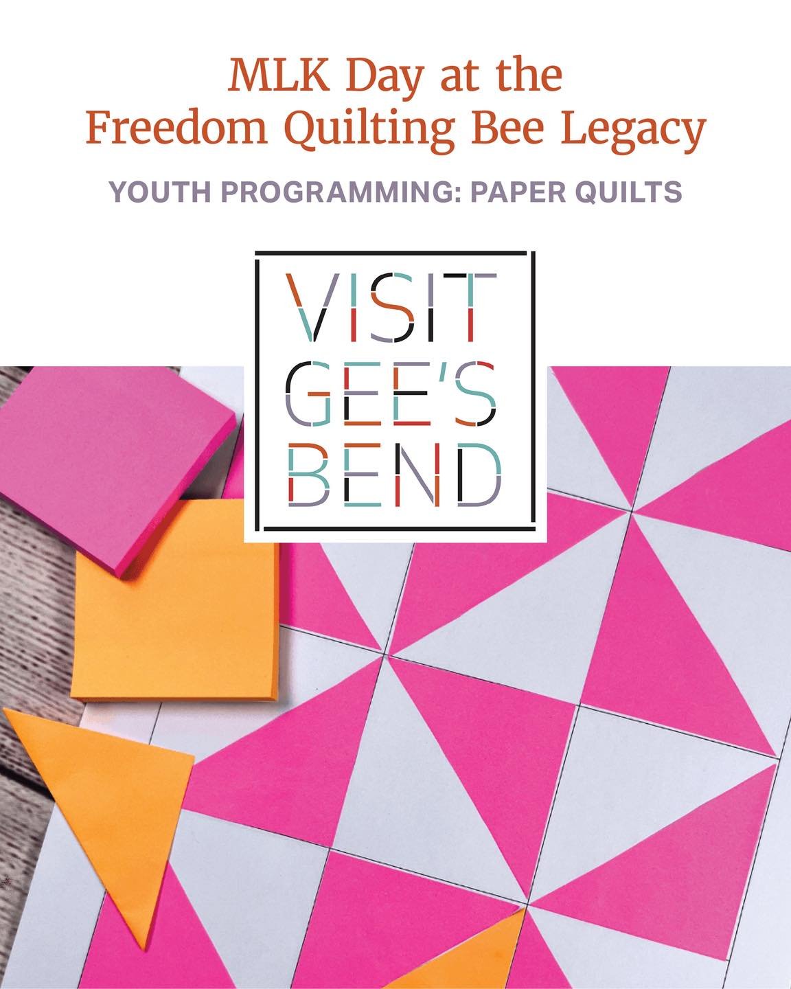 Special Youth Programming 🌟
Join us on January 19 for MLK-themed Paper Quilts&mdash;a hands-on workshop for young artists at the Freedom Quilting Bee Legacy. Inspired by Gee&rsquo;s Bend quilting traditions, this activity welcomes families and provi